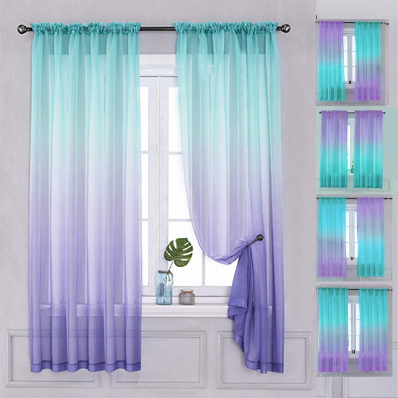 Yancorp 2 Panel Sets Semi Bedroom Curtains 72 inch Length Sheer Rod Pocket Curtain Linen Teal Turquoise Purple Ombre Girls Living Room Mermaid Bedroom Nursery Kids Decor (Turquoise Purple, 40"x72") - Image 1